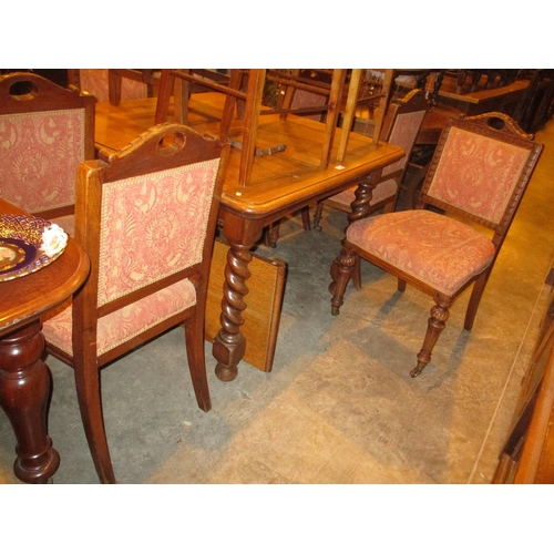 697 - 1920s Oak Barley Twist Extending Dining Table with Leaf and Handle and 6 Victorian Oak Dining Chairs... 