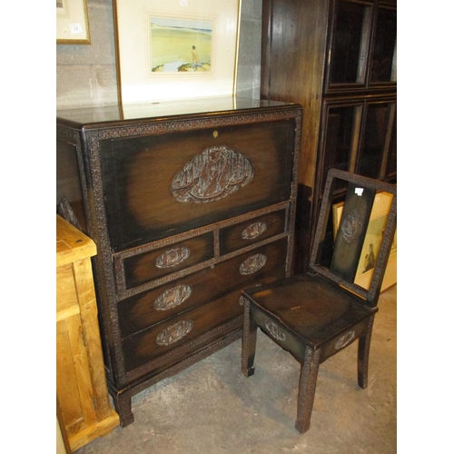 734 - Chinese Fall Front Bureau with Chair, bureau 100cm