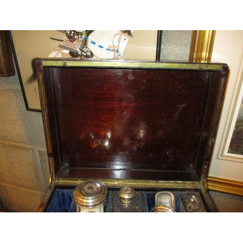 511 - Victorian Rosewood and Brass Vanity Case Containing Silver Top Jars and Bottles, Glasgow 1859