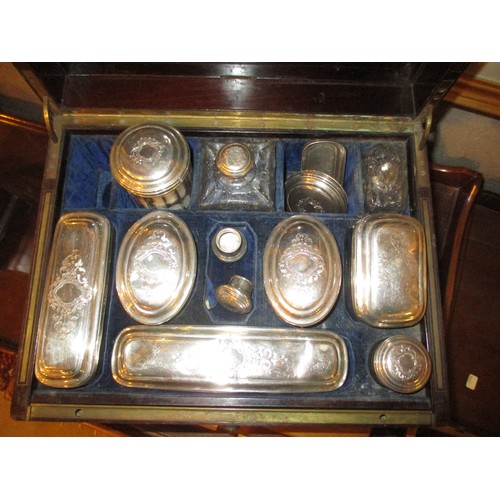 511 - Victorian Rosewood and Brass Vanity Case Containing Silver Top Jars and Bottles, Glasgow 1859