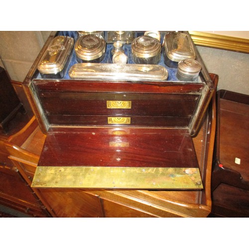 511 - Victorian Rosewood and Brass Vanity Case Containing Silver Top Jars and Bottles, Glasgow 1859