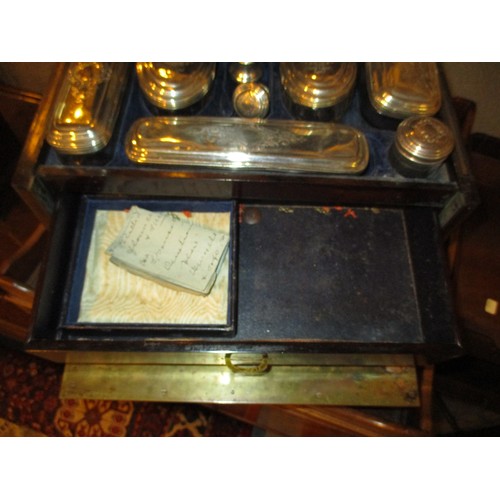 511 - Victorian Rosewood and Brass Vanity Case Containing Silver Top Jars and Bottles, Glasgow 1859