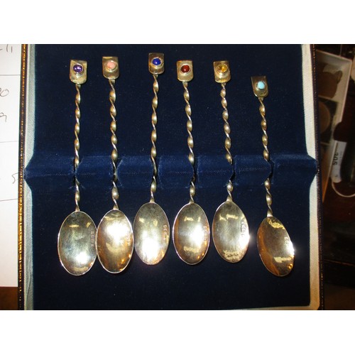 419 - Set of 6 Arts & Crafts Silver Teaspoons with Spiral Stems and Various Stone Set Terminals, Maker EC ... 