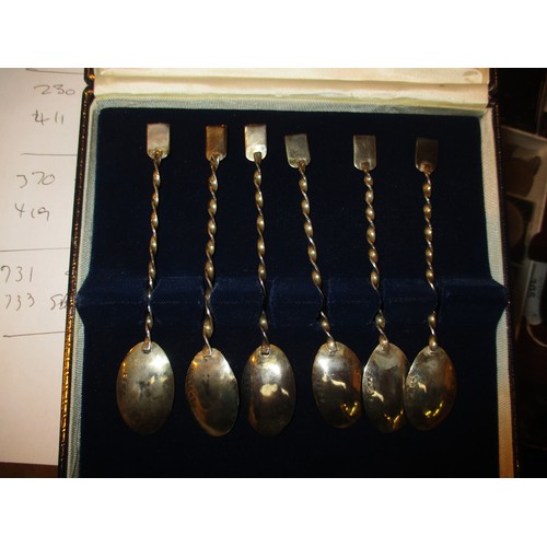 419 - Set of 6 Arts & Crafts Silver Teaspoons with Spiral Stems and Various Stone Set Terminals, Maker EC ... 