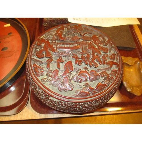 34 - Cinnabar Lacquer Circular and Rectangular Boxes, Tea Block and a Carved Stone Dish