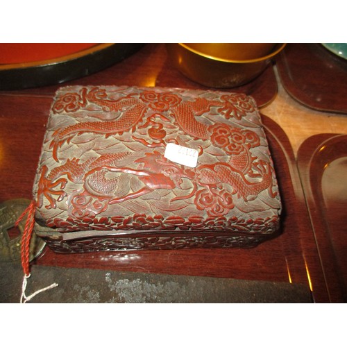 34 - Cinnabar Lacquer Circular and Rectangular Boxes, Tea Block and a Carved Stone Dish