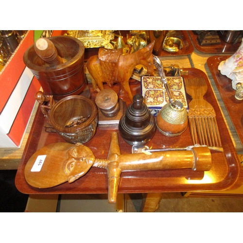 197 - Turned Wood Mortar and Pestle and Other Wooden Items