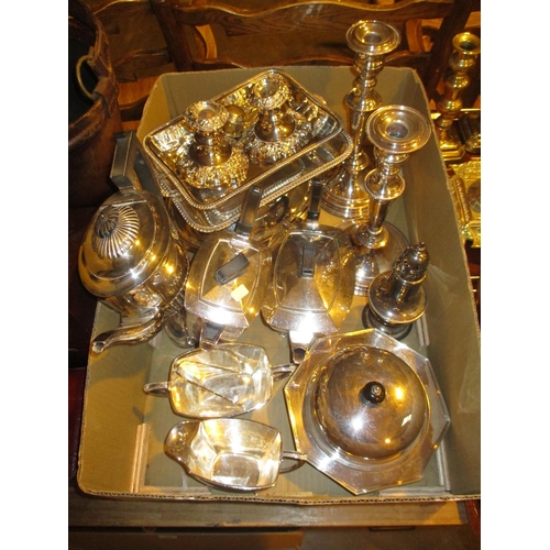 198 - Art Deco Silver Plated 4 Piece Tea Service, Pair of Candlesticks etc