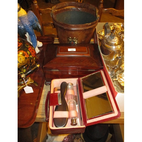 199 - Leather Fire Bucket, Victorian Mahogany Work Box and a Ladies Travelling Case