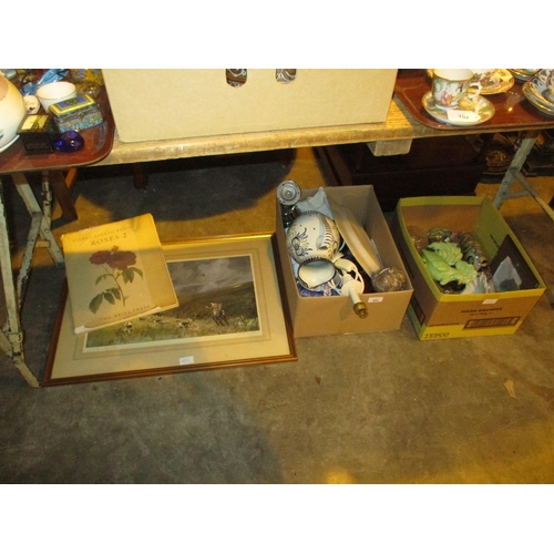 203 - Lionel Edwards Signed Print, Pierre Joseph Redoute Roses Folio and Two Boxes of Ceramics, Glass and ... 