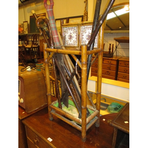 264 - Victorian Bamboo and Tiled Stick Stand, Walking Sticks and Ornamental Sword