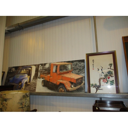 274 - Two Canvas Prints of Vintage Vehicles and a Silk Needlework Picture