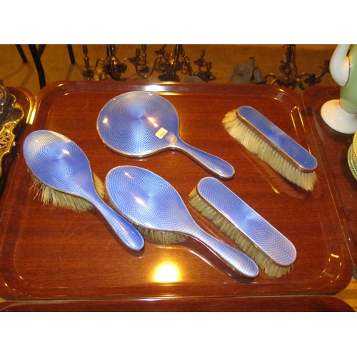 76 - Silver and Blue Enamel 5 Piece Dressing Table Set, Birmingham 1926/27