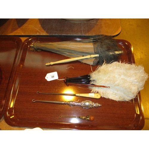 88 - Folding Handle Parasol, Feather Fan and 3 Button Hooks