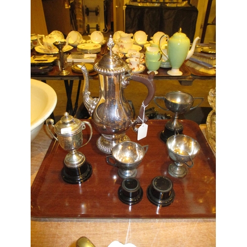 91 - Barker Ellis Silver Plated Coffee Pot and 4 Trophies