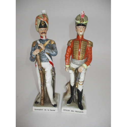 291 - Pair of Sitzendorf Porcelain Figures of a Grenadier de la Garde and Officier des Hussards, 22cm