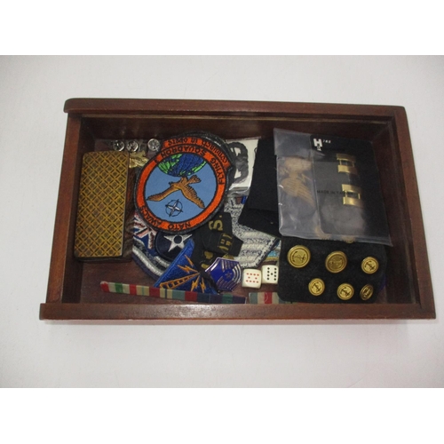 310 - Wooden Box of Military Patches, Badges and Buttons etc