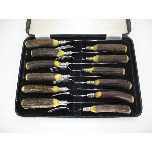 312 - Cased Set of 6 Horn Handle Steak Knives and Forks