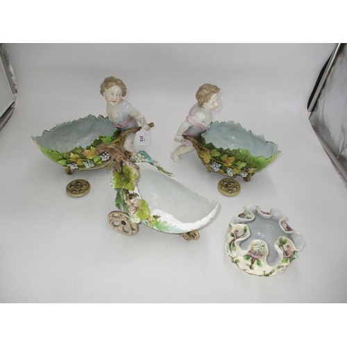 313 - Pair of Victorian Continental Porcelain Cherubs with Wheelbarrow Figures, Porcelain Wheelbarrow and ... 