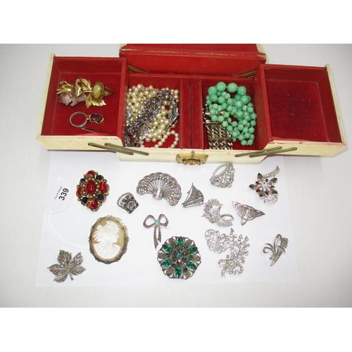 339 - Jewel Box with Cameo Brooch, Silver, Marcasite and Other Jewellery