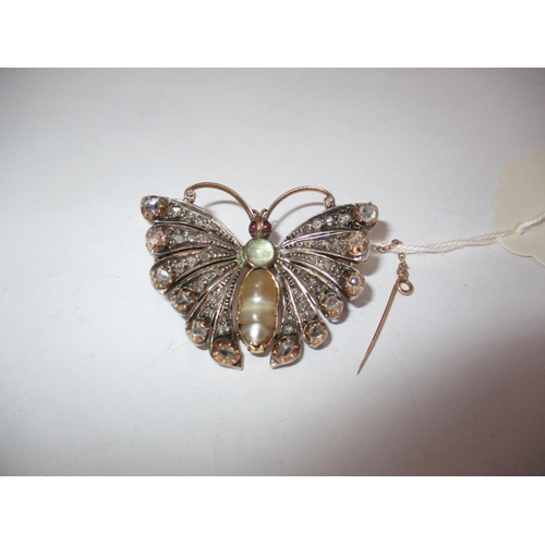Butterfly Brooch Set with Diamonds, Mother of Pearl and Other Gem Stones, 14.8g, 4x3cm