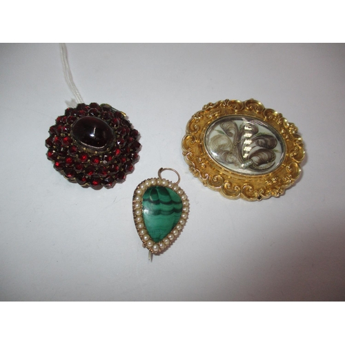 341 - Victorian Hair Locket Brooch, Garnet Brooch and a Malachite and Pearl Brooch