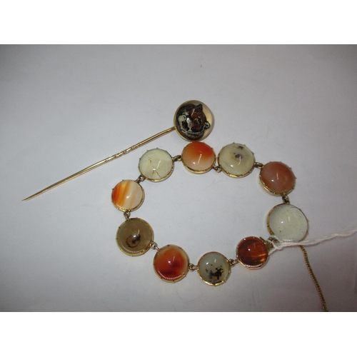 343 - Agate and Yellow Metal Bracelet along with a Tiger Head Stick Pin