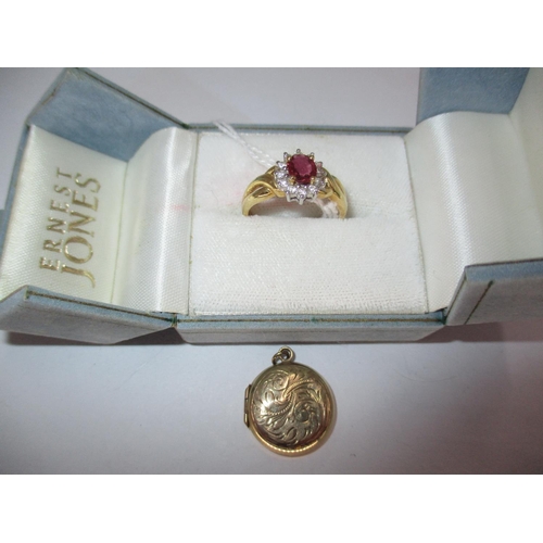 354 - Diamond and Red Stone Cluster Ring, Size N, and a 9ct Gold Locket