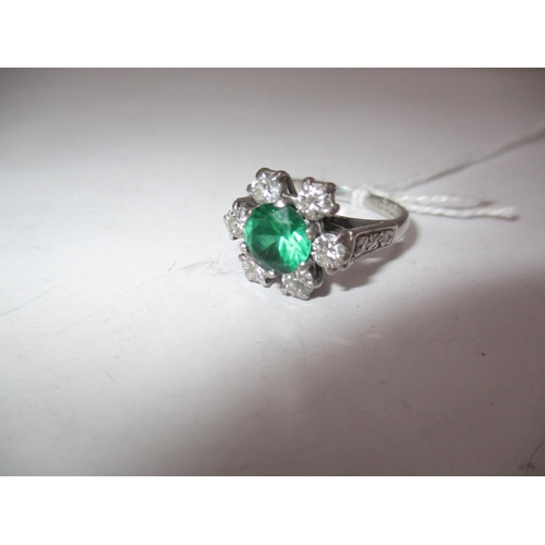 356 - 18ct White Gold Diamond and Green Stone Cluster Ring having Diamond Set Shoulders, Size L, 5.3g