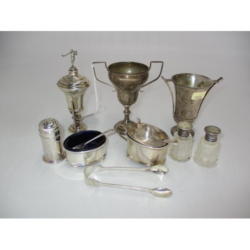 420 - Collection of Silver Items including a Golf Trophy and 2 Others, 3 Condiments, Sugar Tongs, 262g, al... 