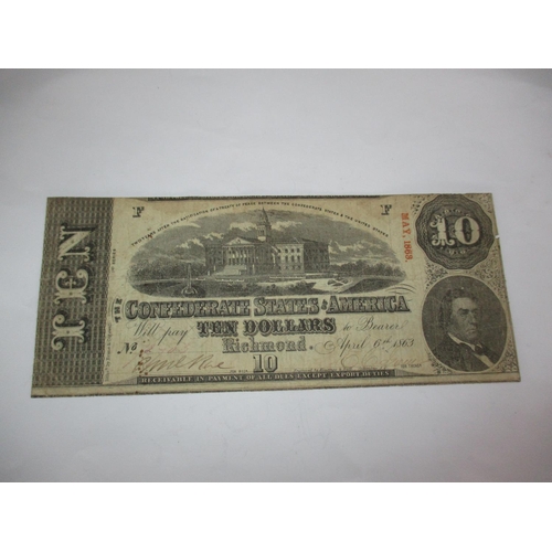 420A - Confederate States of America Richmond Ten Dollars Banknote April 6th 1863, Numbered 72705, Bearing ... 