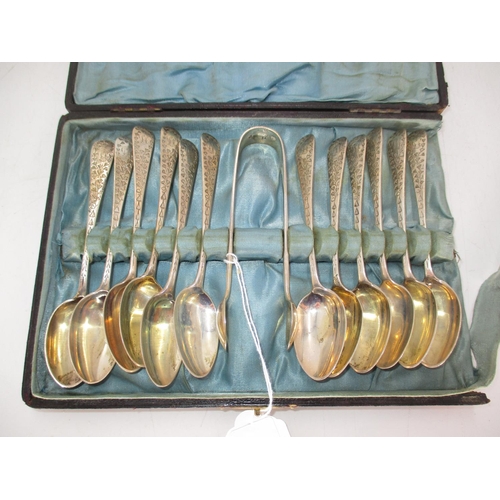 424 - Cased Set of 12 Scottish Silver Teaspoons and Tongs, Glasgow 1890, Maker T & Co. 220g