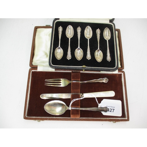 427 - Cased Set of 6 Silver Coffee Spoons, London 1925, along with a Silver and Mother of Pearl Christenin... 