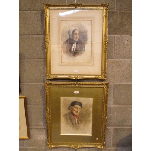 476 - Henry Wright Kerr, RSA, RSW, (Scottish 1857-1936), Pair of Watercolours of an Old Man and Woman, 38x... 