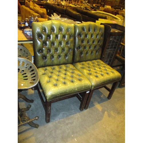 537 - Pair of Green Leather Deep Buttoned Hall Chairs