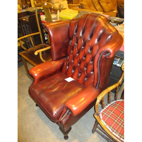 540 - Chesterfield Burgundy Deep Buttoned Leather Wing Back Easy Chair