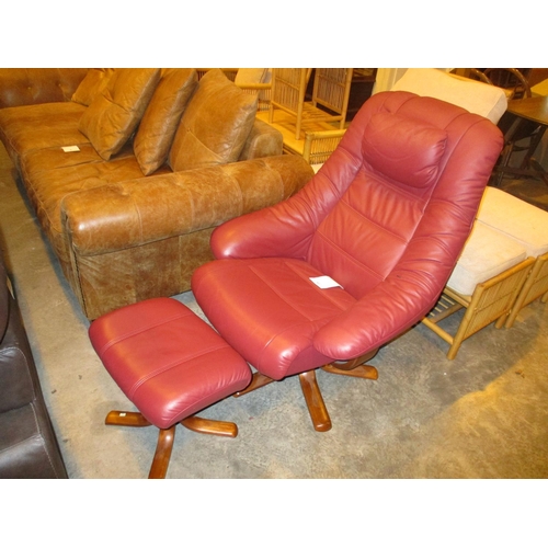 561 - Red Leather Lounge Chair with Stool