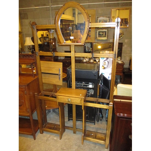 615 - Late Victorian Light Oak Horseshoe Mirror Panel Hallstand, 107cm