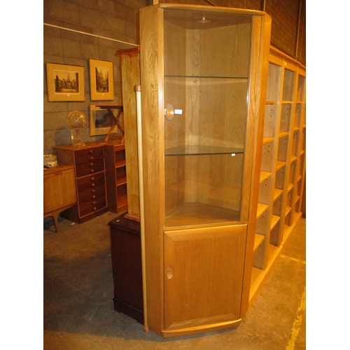 622 - Ercol Light Wood and Glass Corner Cabinet