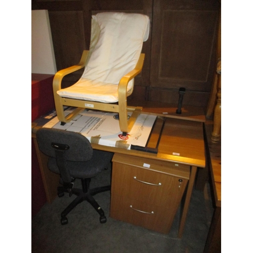 637 - Modern Desk with Pedestal, Desk Chair, Childs Chair, Shelf and Stair Gate