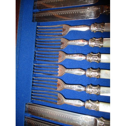 117 - Victorian Mahogany Cased Set of 18 Mother of Pearl Handle Fruit Knives and Forks