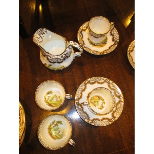 138 - Victorian Rockingham Style Porcelain Tea and Coffee Service Gilded and Painted with Scenes