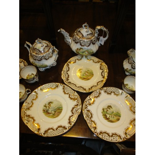 138 - Victorian Rockingham Style Porcelain Tea and Coffee Service Gilded and Painted with Scenes