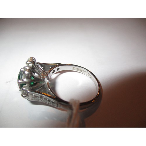 356 - 18ct White Gold Diamond and Green Stone Cluster Ring having Diamond Set Shoulders, Size L, 5.3g