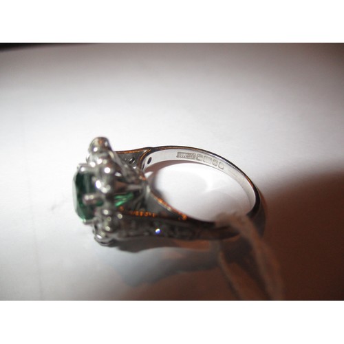 356 - 18ct White Gold Diamond and Green Stone Cluster Ring having Diamond Set Shoulders, Size L, 5.3g