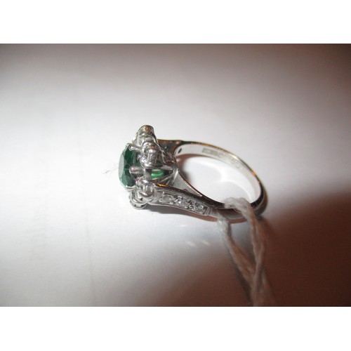 356 - 18ct White Gold Diamond and Green Stone Cluster Ring having Diamond Set Shoulders, Size L, 5.3g