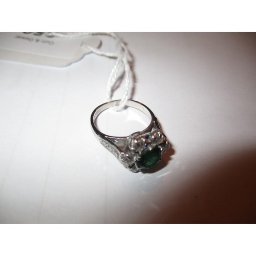 356 - 18ct White Gold Diamond and Green Stone Cluster Ring having Diamond Set Shoulders, Size L, 5.3g