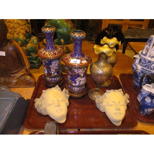 150 - Pairs of Cloisonne and Benares Vases along with a Pair of Portrait Plaques