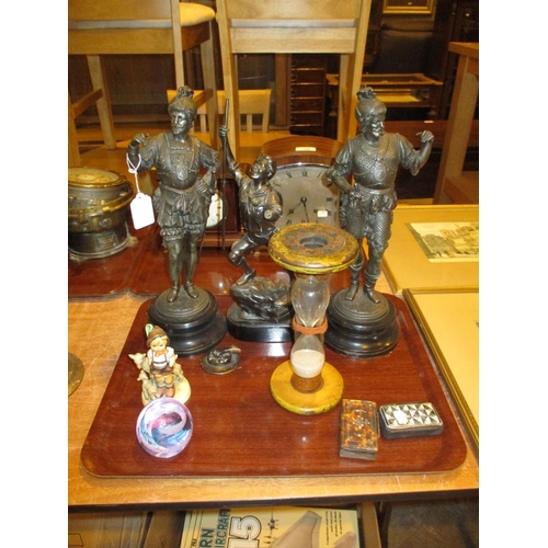 160 - Three Spelter Figures, Hummel Figure, Paperweight, Bobbin Sand Timer and 2 Snuff Boxes