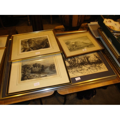 213 - Pencil Drawing of a Loch and Mountains, 2 Engravings after JMW Turner, and 3 Prints